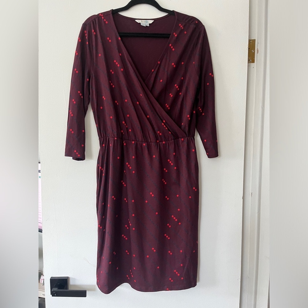 Boden Burgundy Red Sheath Dress Knee-Length Ruched Long Sleeve Size 6 Pockets